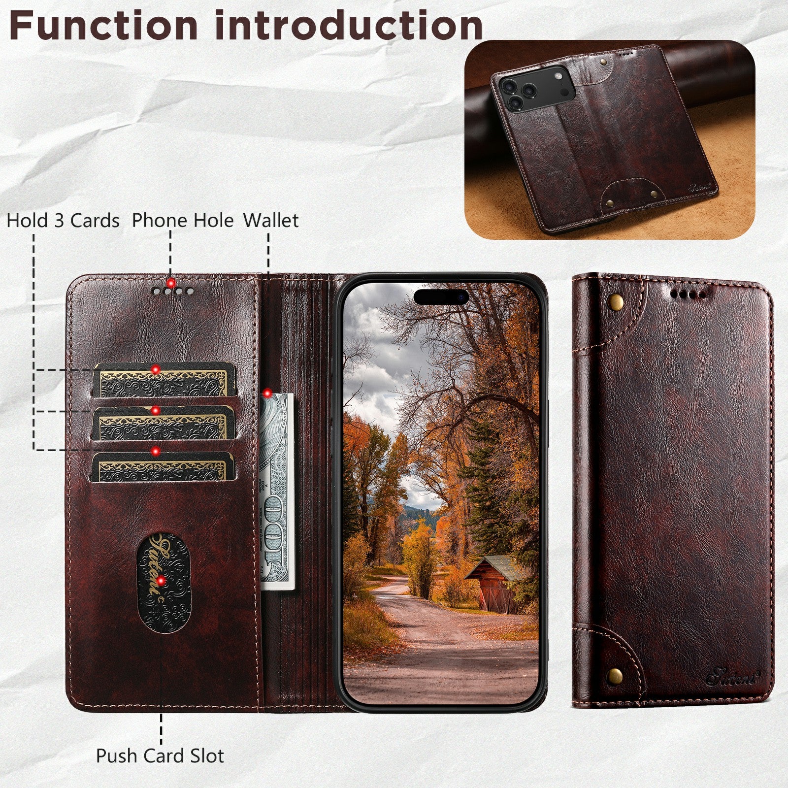 SUTENI For iPhone 17 Pro Max Case PU Leather Stand Wallet Phone Cover Brown SUTENI For iPhone 17 Pro Max Case PU Leather Stand Wallet Phone Cover Brown